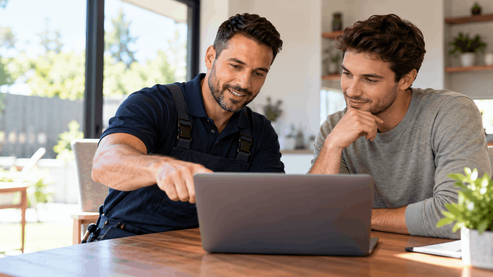 Contractor and homeowner reviewing project results together on laptop at table