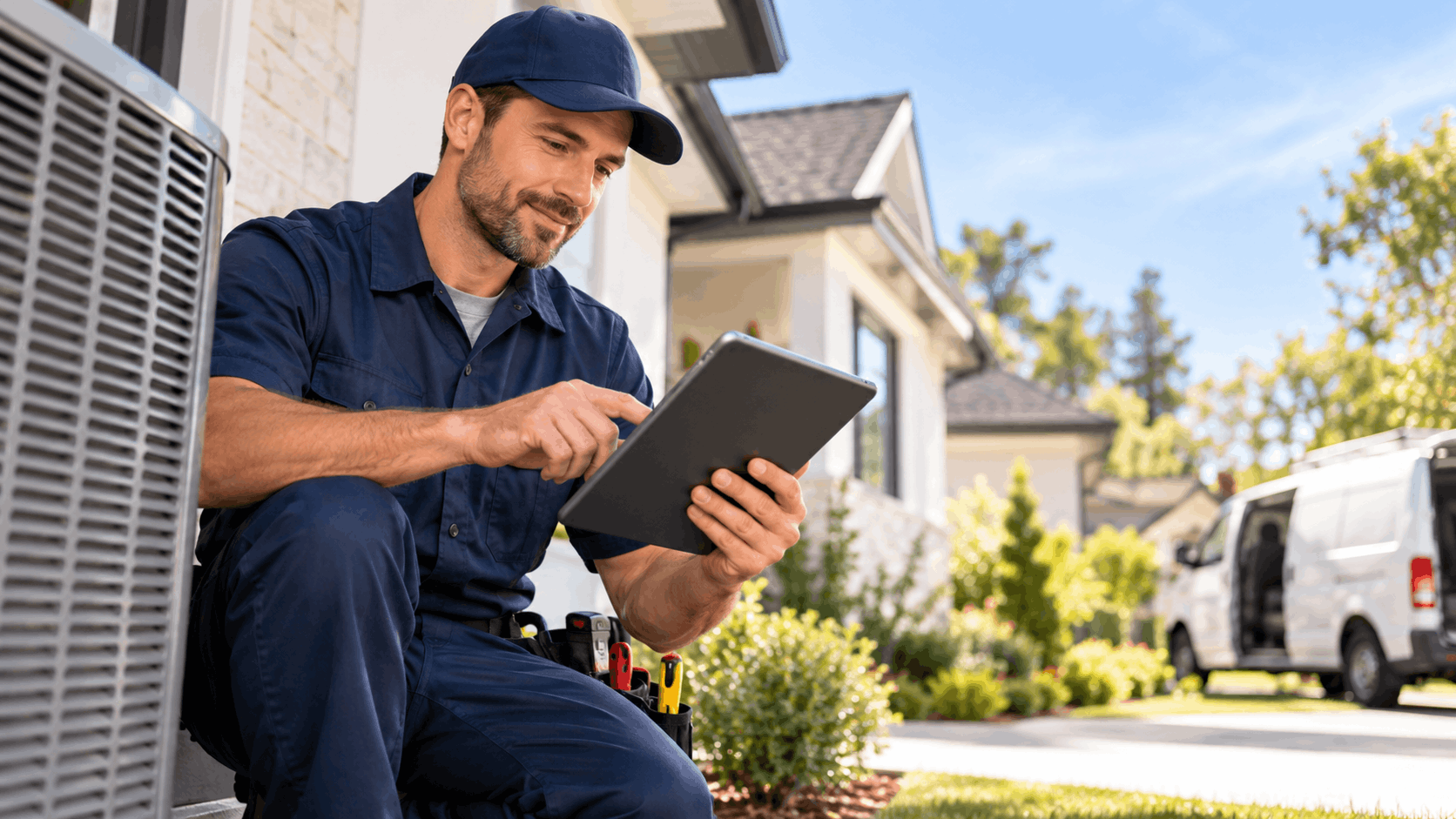 HVAC technician in navy uniform using tablet beside air conditioning unit at home