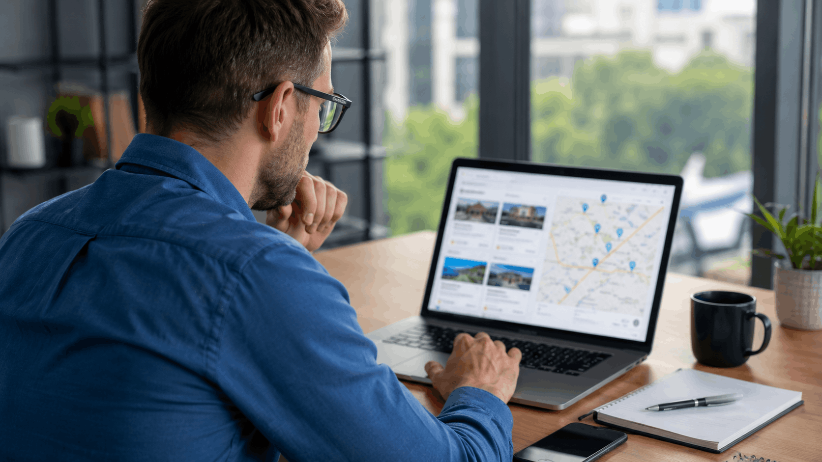 Man browsing real estate listings and map on laptop instead of using Google search