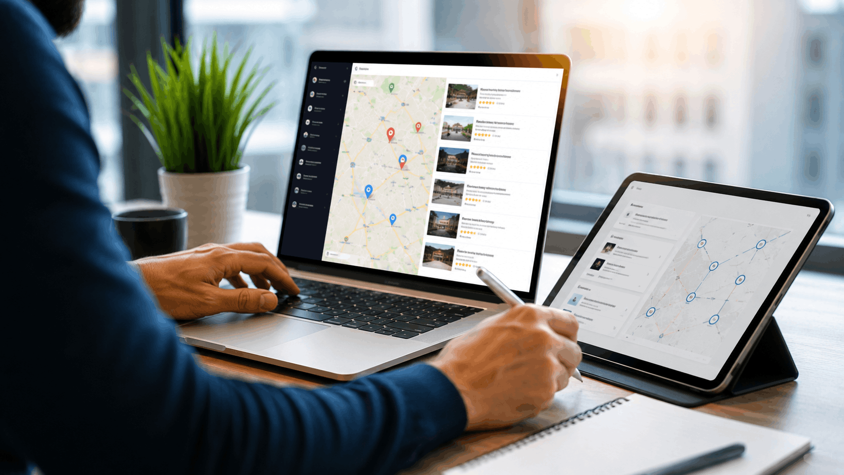 Person using laptop and tablet to research local business listings on map interface