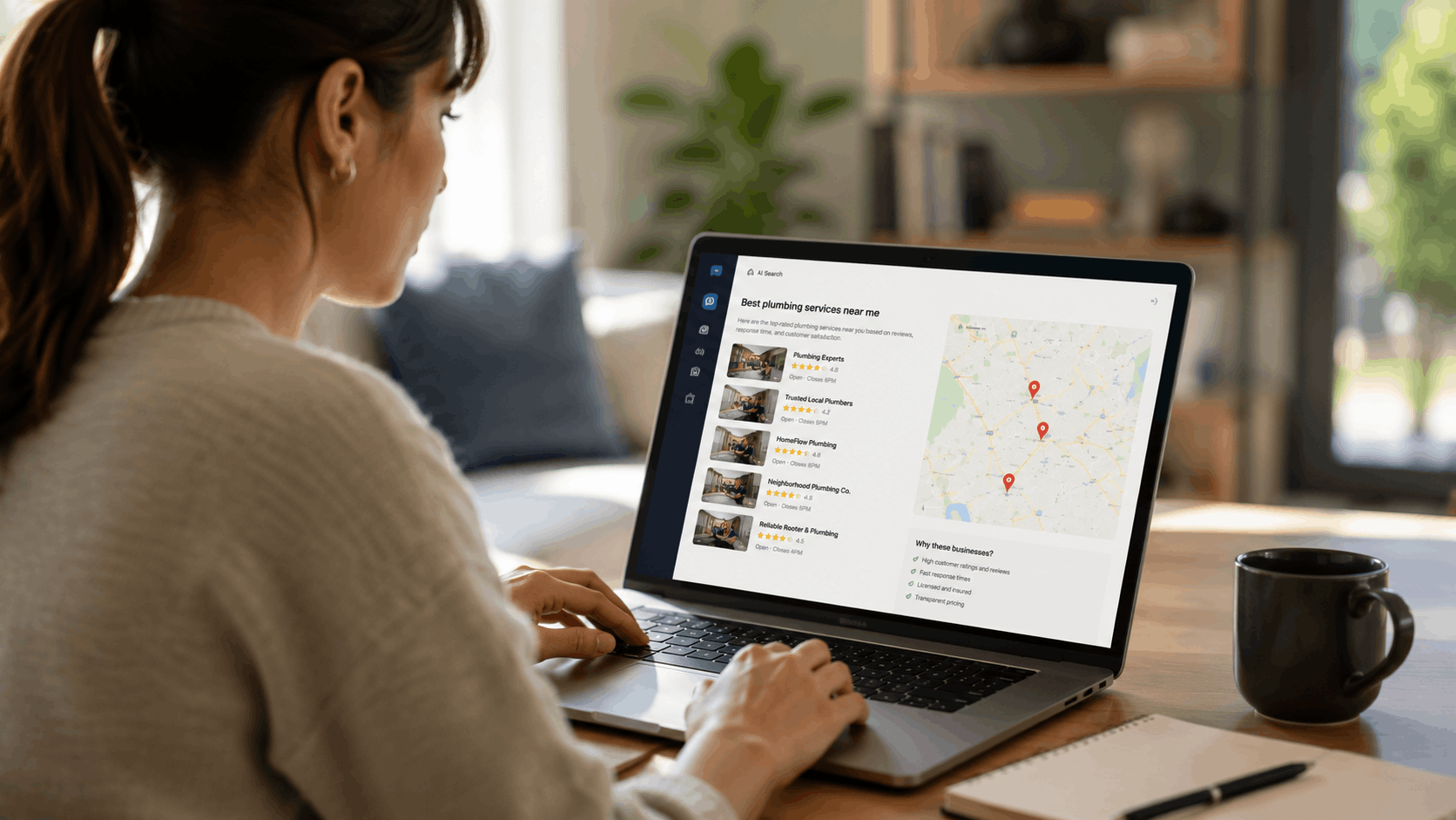 Woman using laptop to search for best local plumbing services with AI-powered results and map