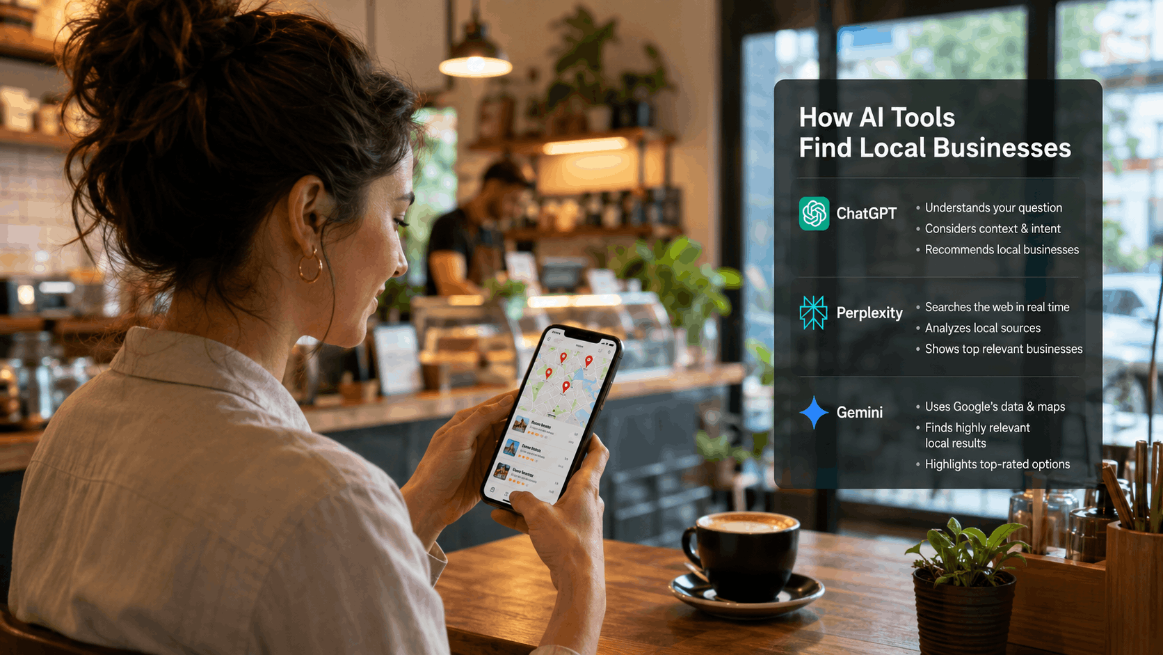 Woman using phone with map app showing how AI tools find local businesses