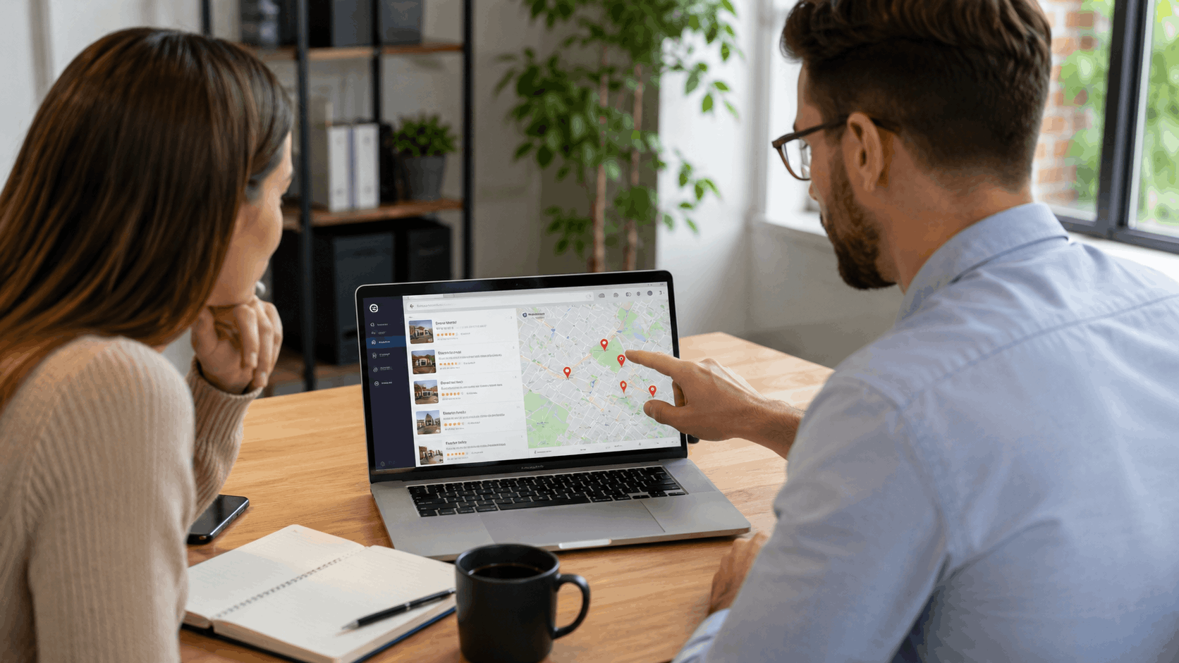 Couple reviewing real estate listings and map on laptop at wooden desk
