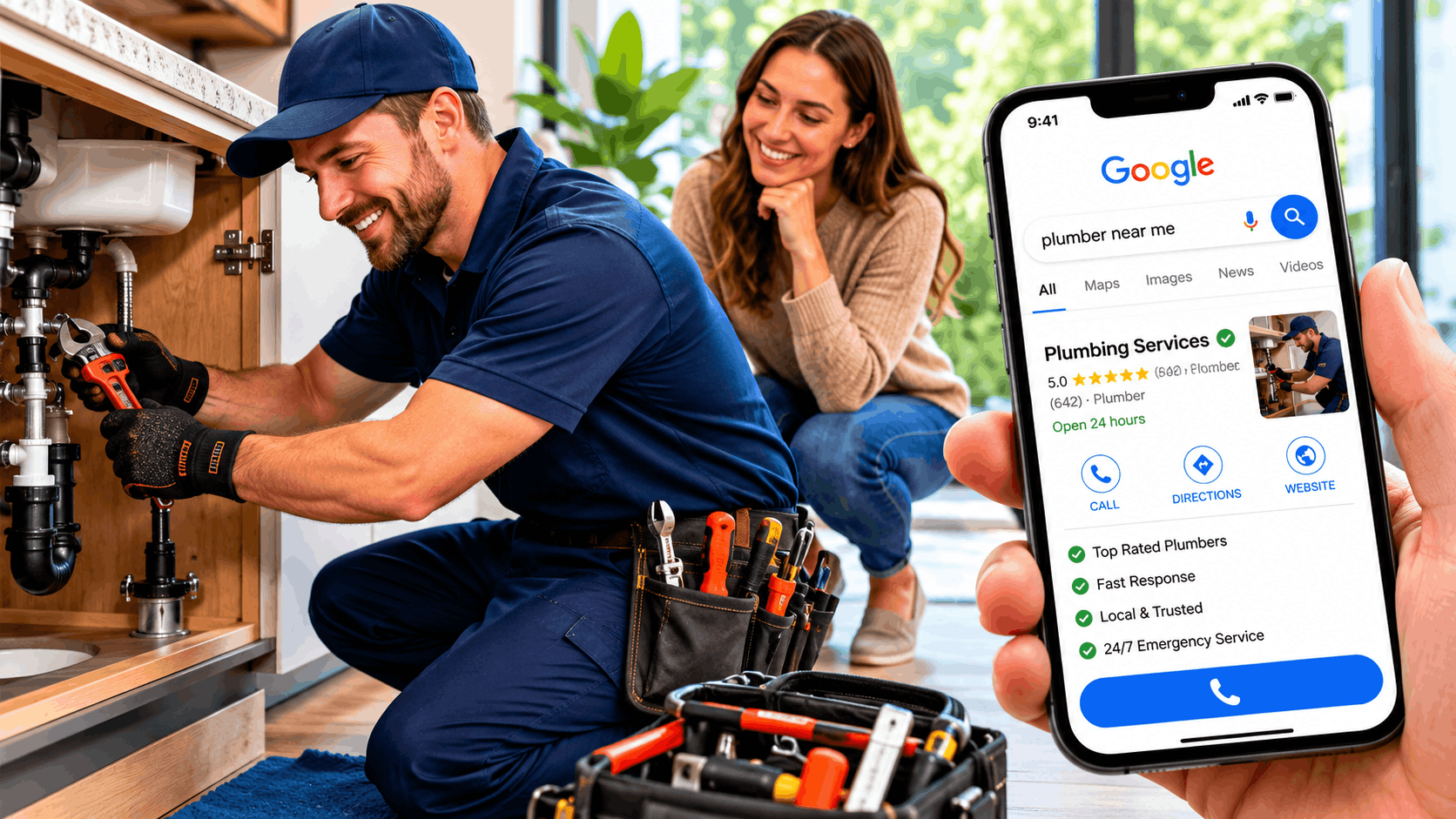 Plumber fixing sink pipes while homeowner views Google local search results on smartphone