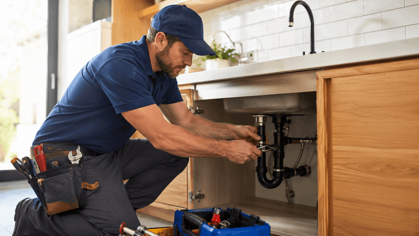 Professional plumber in blue uniform repairing kitchen sink drain pipes under cabinet
