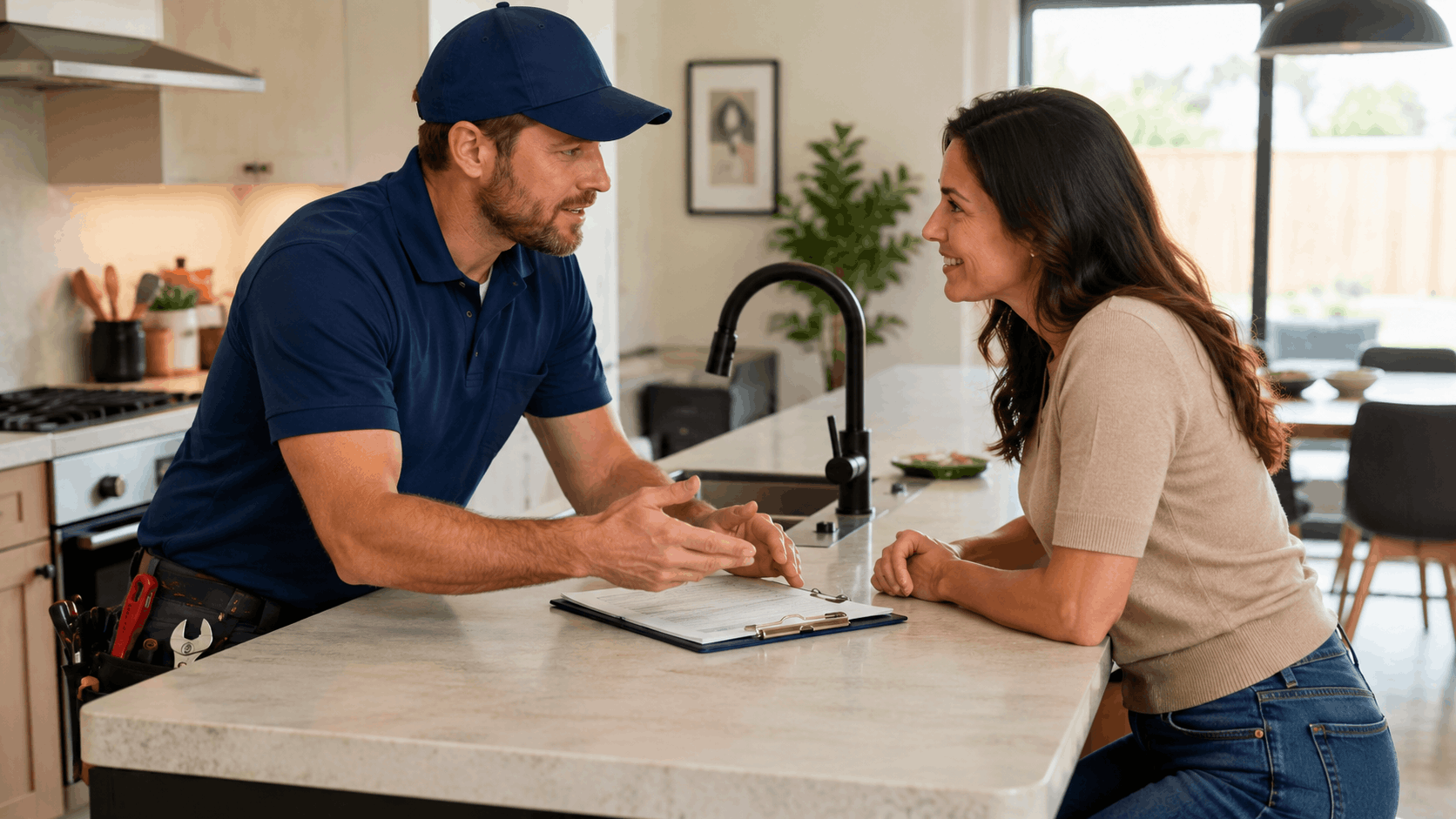 Plumber reviewing service estimate with smiling homeowner at kitchen island counter