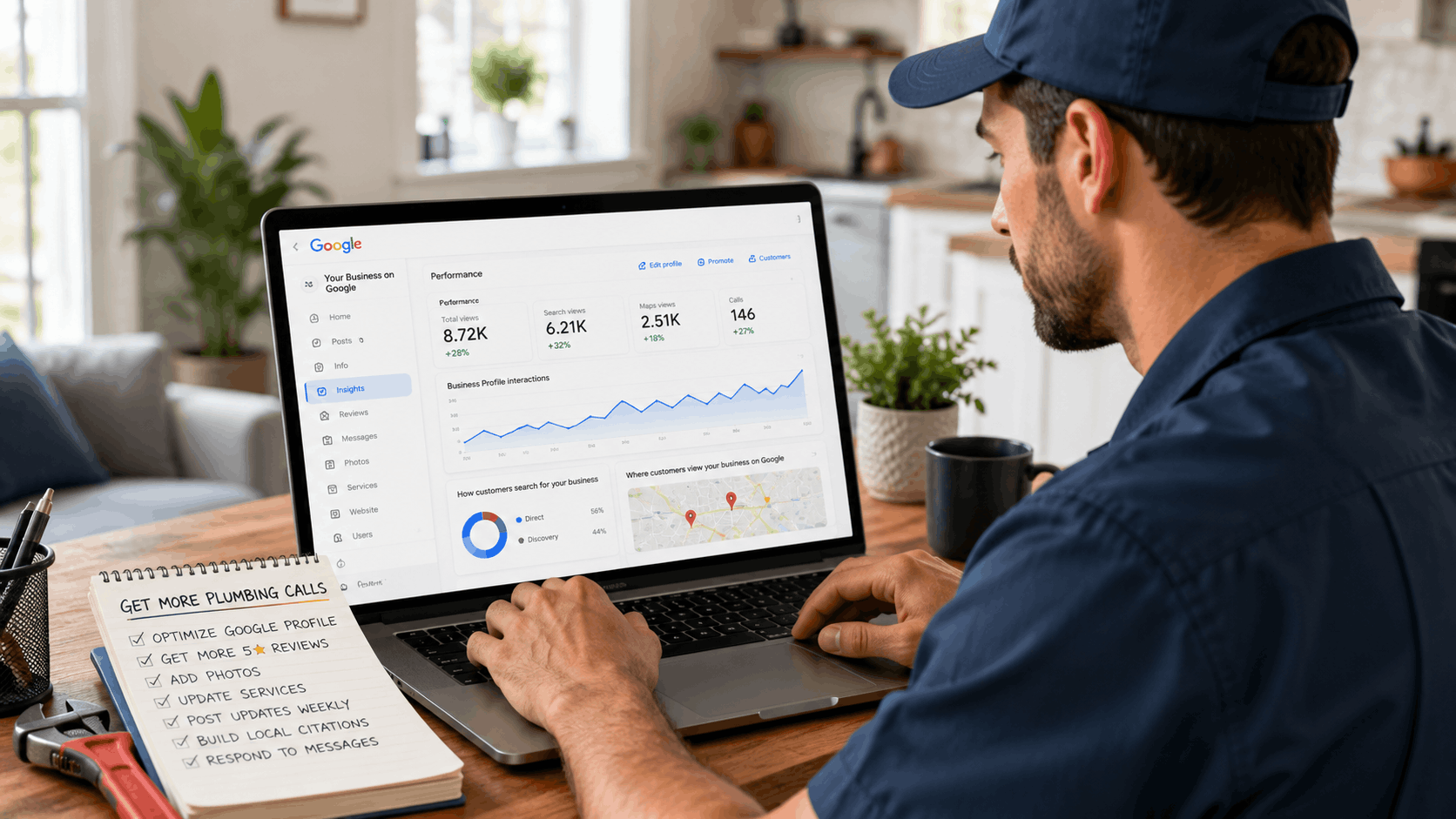 Plumber reviewing Google Business Profile performance metrics and insights on laptop