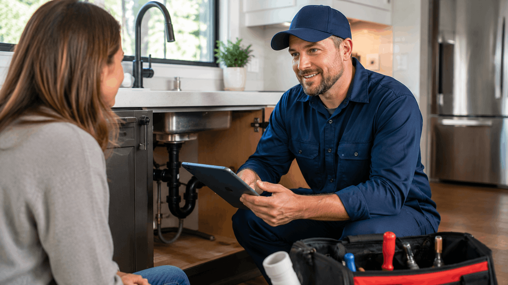 Friendly plumber consulting homeowner with tablet beside kitchen sink tool bag