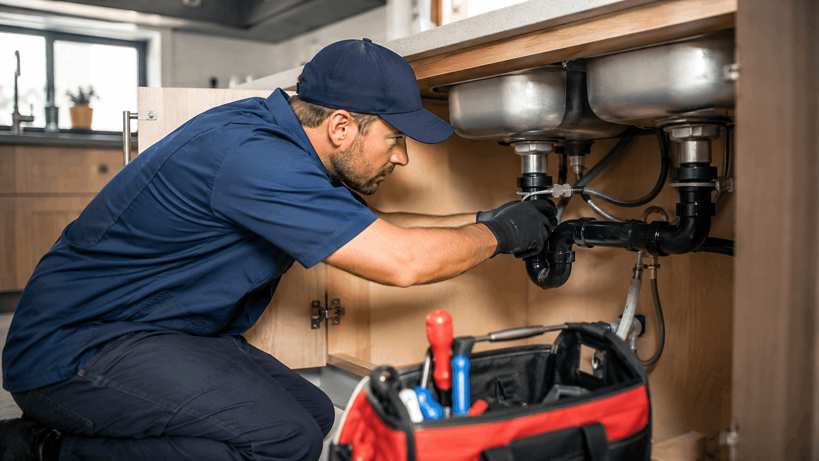 Professional plumber in navy uniform repairing kitchen sink pipes under cabinet