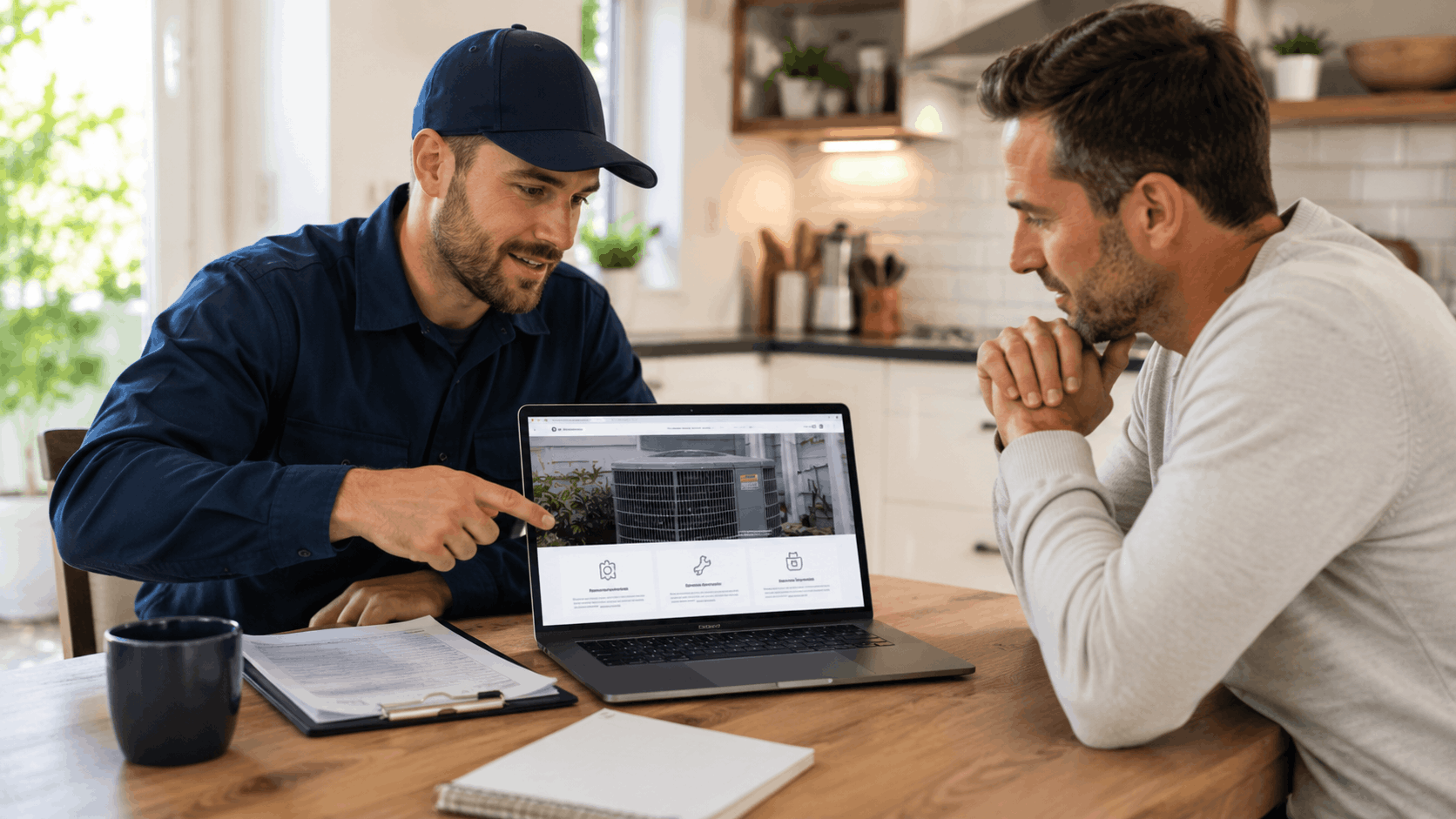 HVAC contractor showing homeowner air conditioning unit options on laptop website
