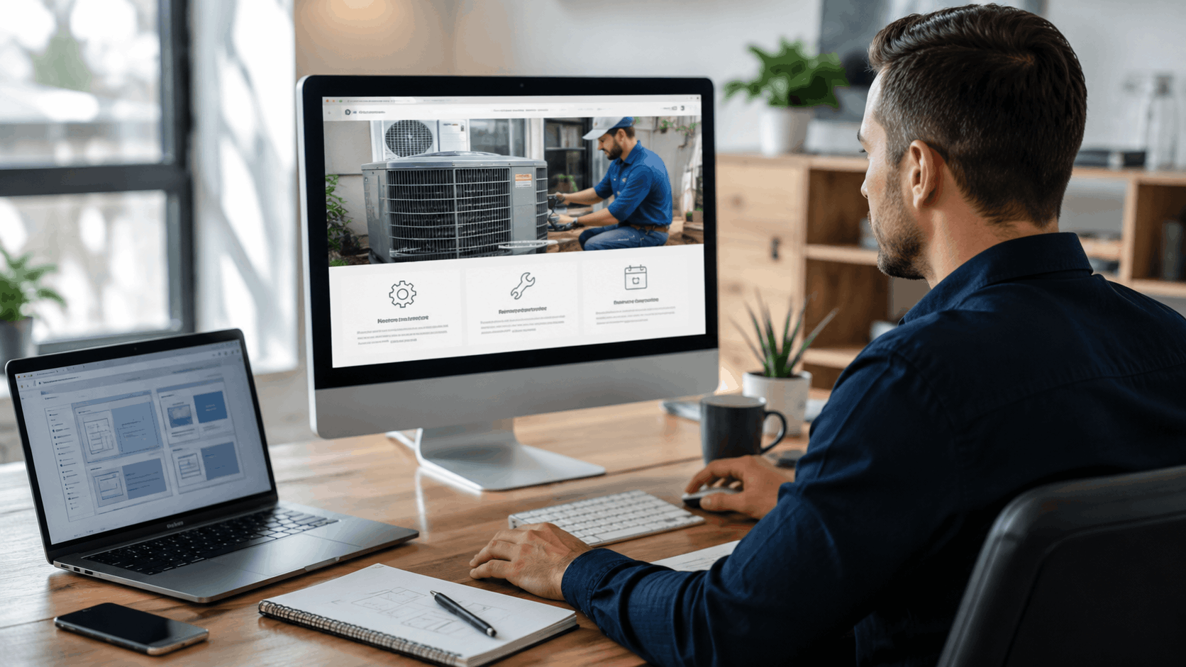 HVAC professional reviewing air conditioning service website on desktop computer monitor