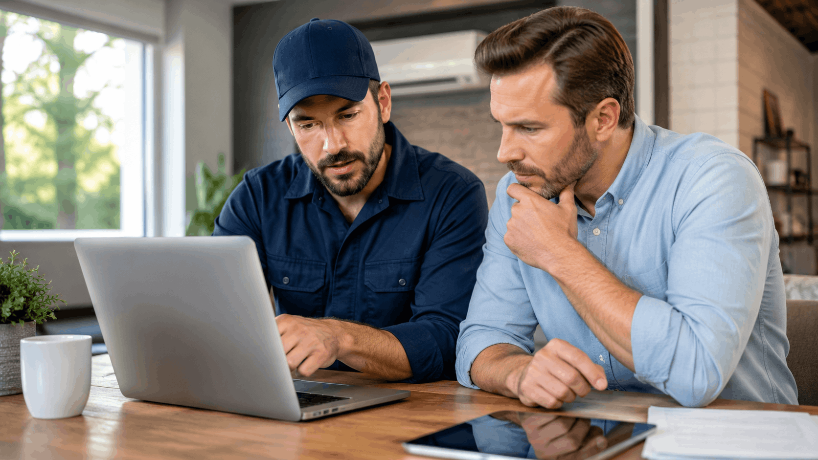 HVAC technician and homeowner reviewing service estimate together on laptop computer
