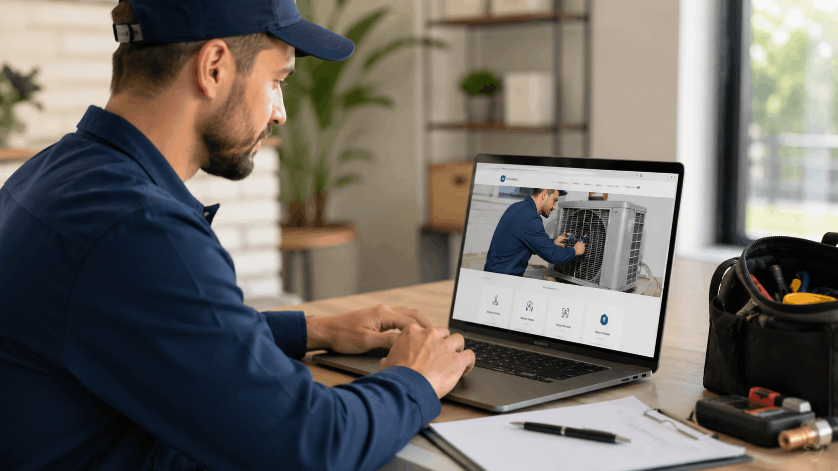 HVAC technician in blue uniform reviewing air conditioning service tools website on laptop