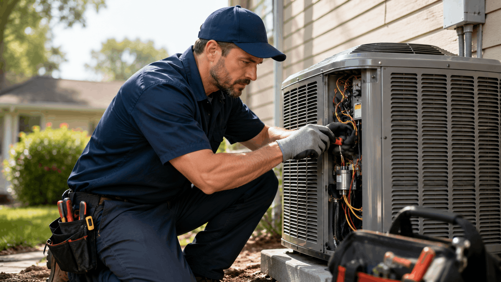 HVAC technician in navy uniform repairing outdoor air conditioning unit with tools