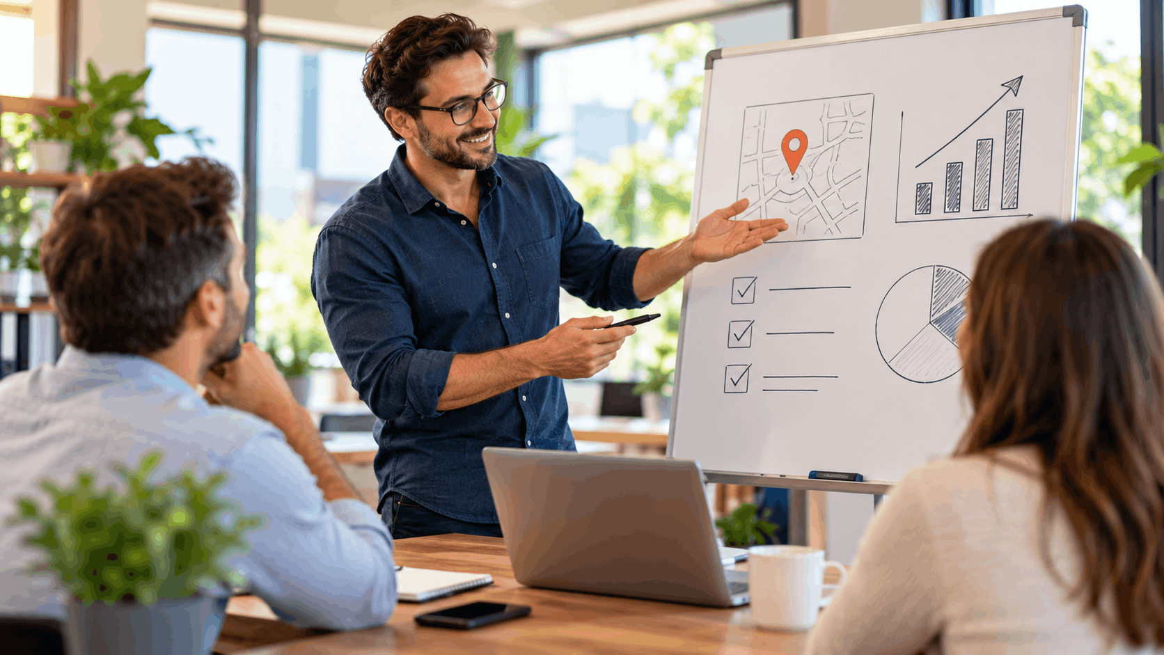 Businessman presenting location map and growth charts on whiteboard to two colleagues
