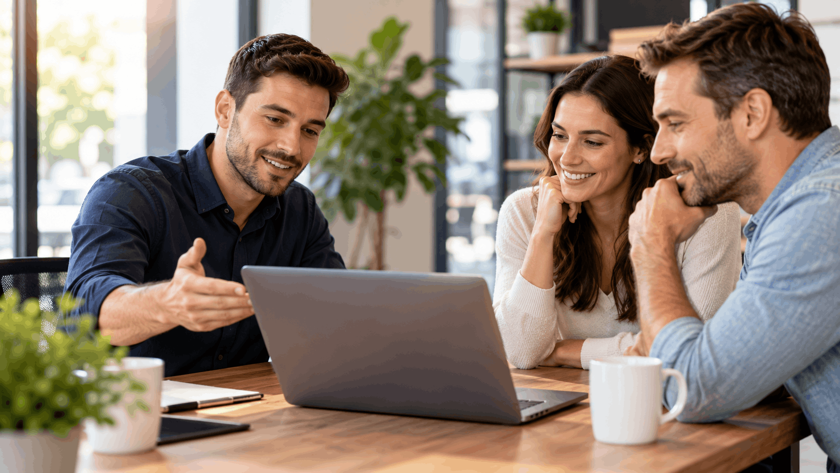 Financial advisor showing website options on laptop to smiling couple at office meeting