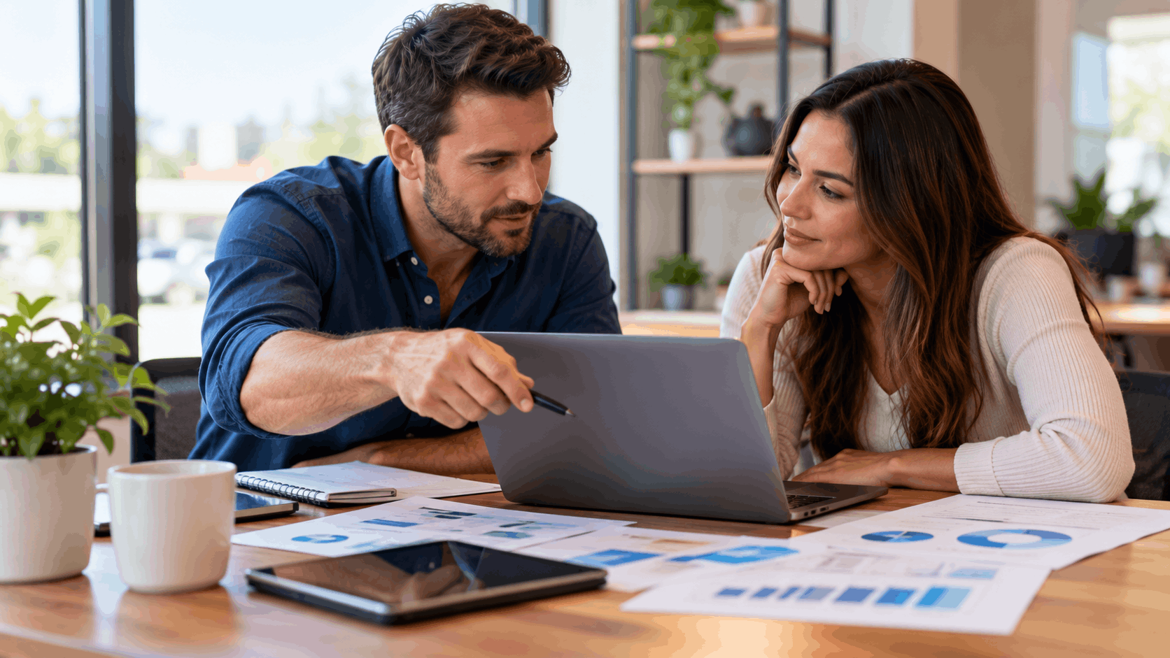 Two professionals reviewing content analytics reports and charts on laptop together