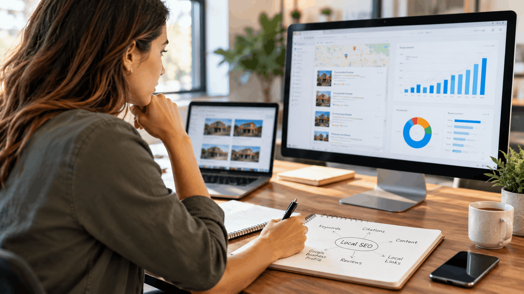 Woman analyzing local SEO strategy with mind map, analytics dashboard, and real estate listings