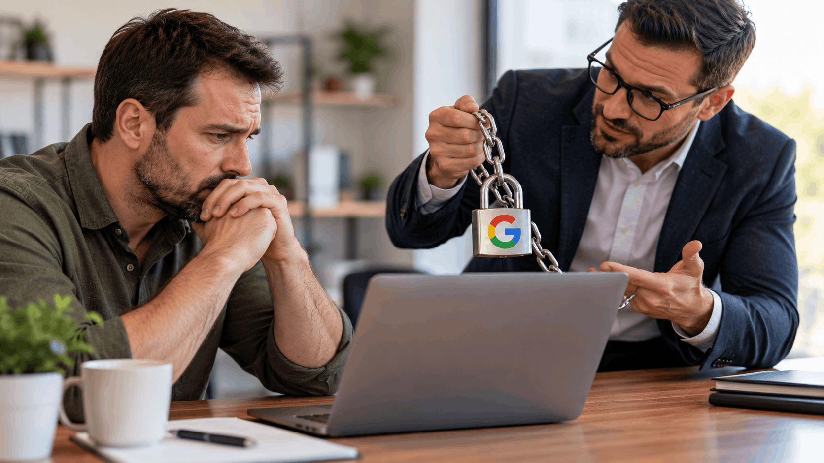 Business consultant holding Google-branded padlock and chain over laptop to worried man