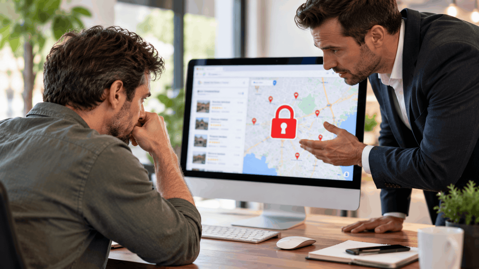 Business owner looking stressed while consultant explains locked Google Maps listing access