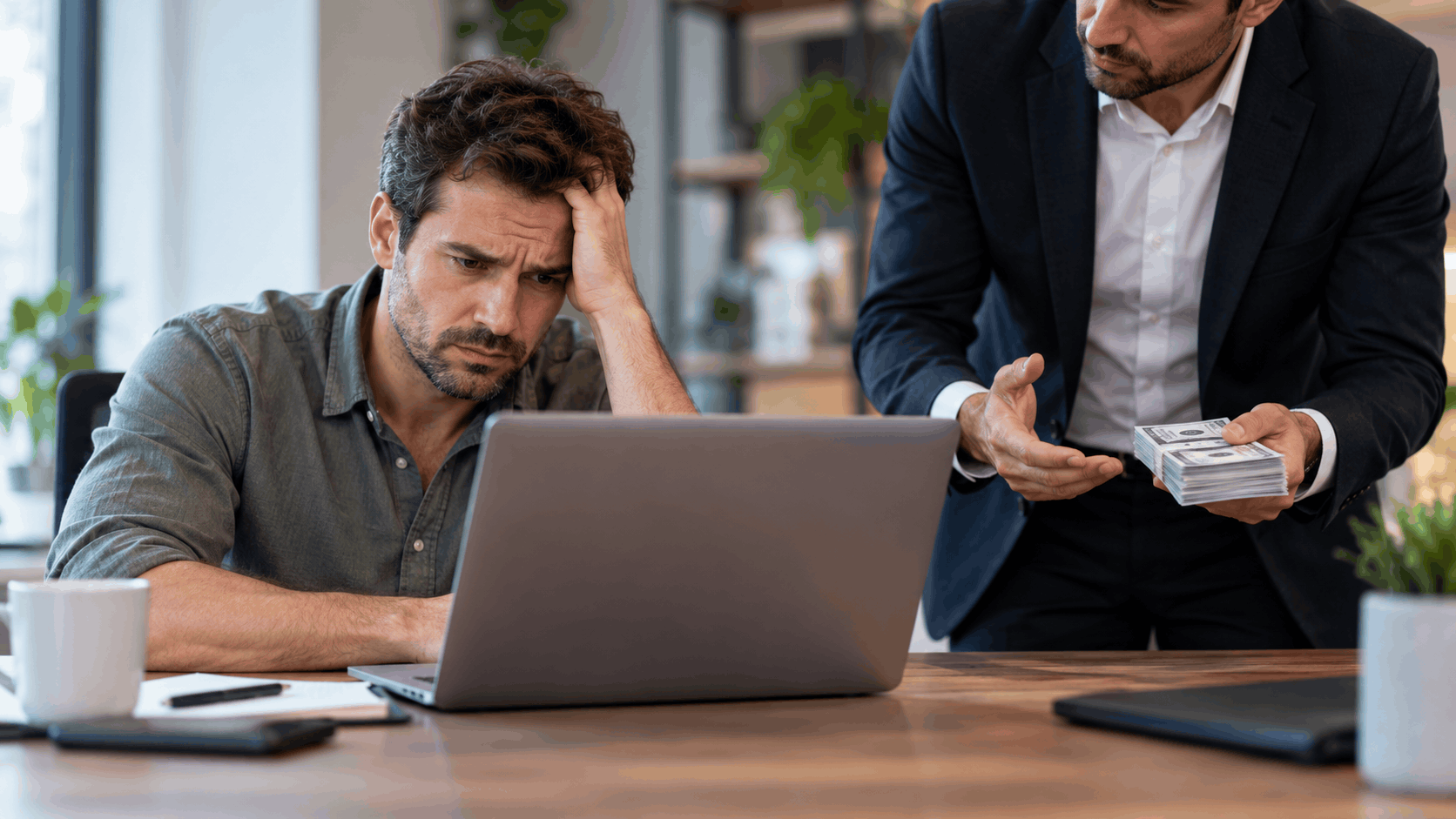Stressed businessman ignoring cash offer while focused on laptop computer screen