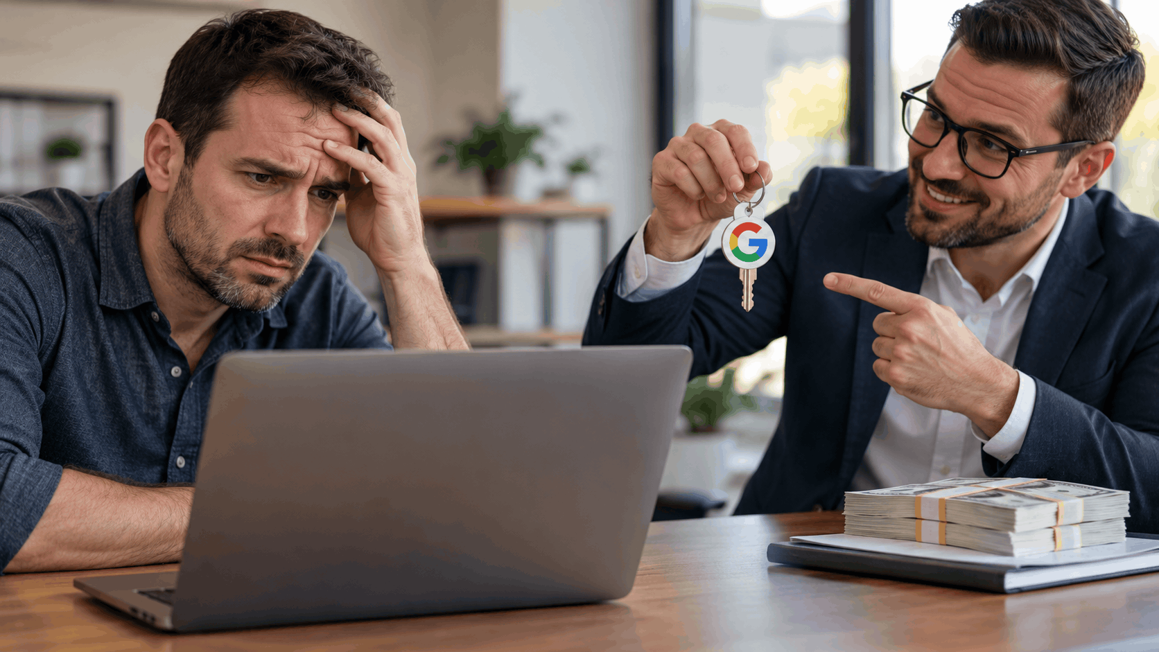 Stressed business owner looking at laptop while salesman holds Google key with cash