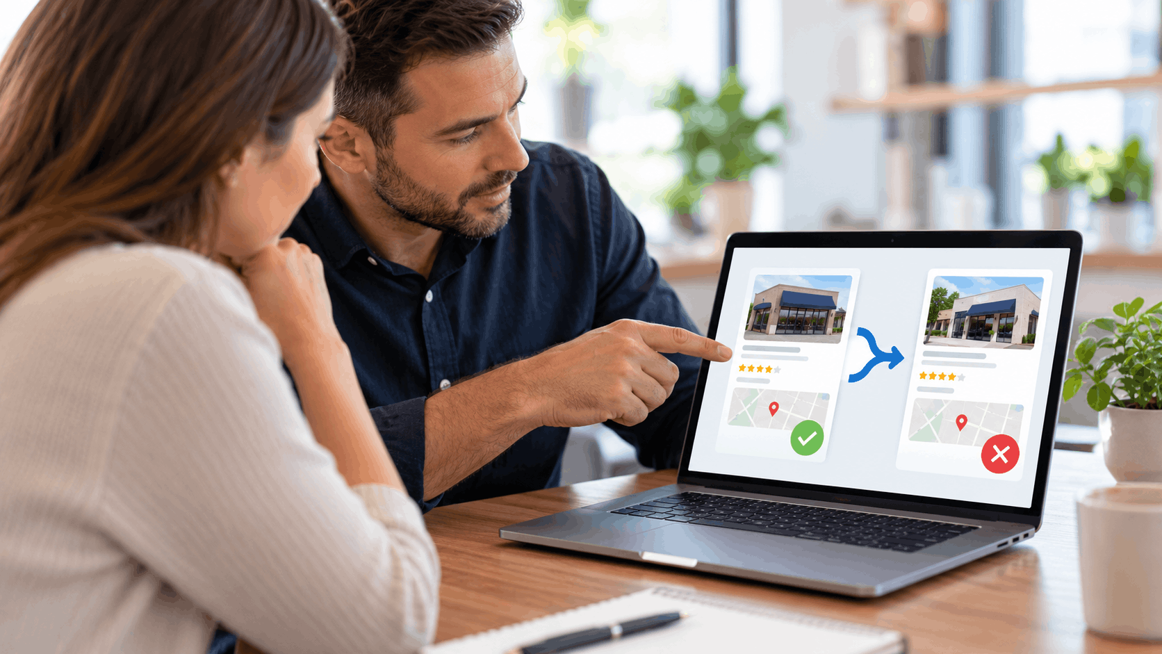 Couple reviewing Google Business Profile listing comparison on laptop screen together