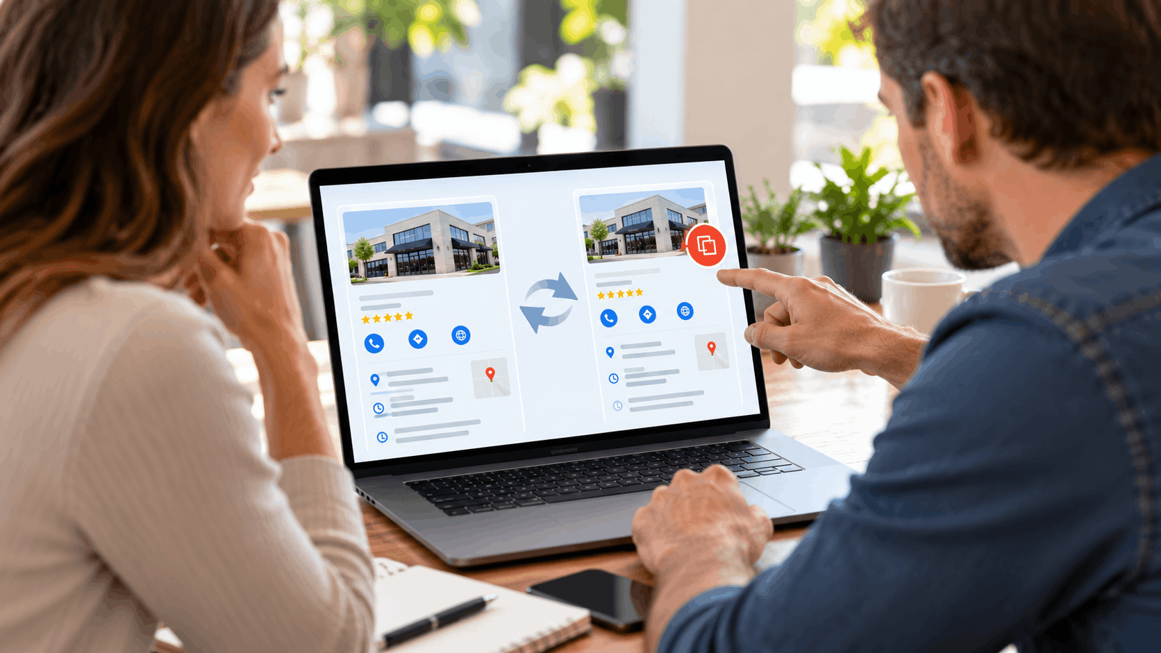 Two people reviewing Google Business Profile merging process on laptop screen