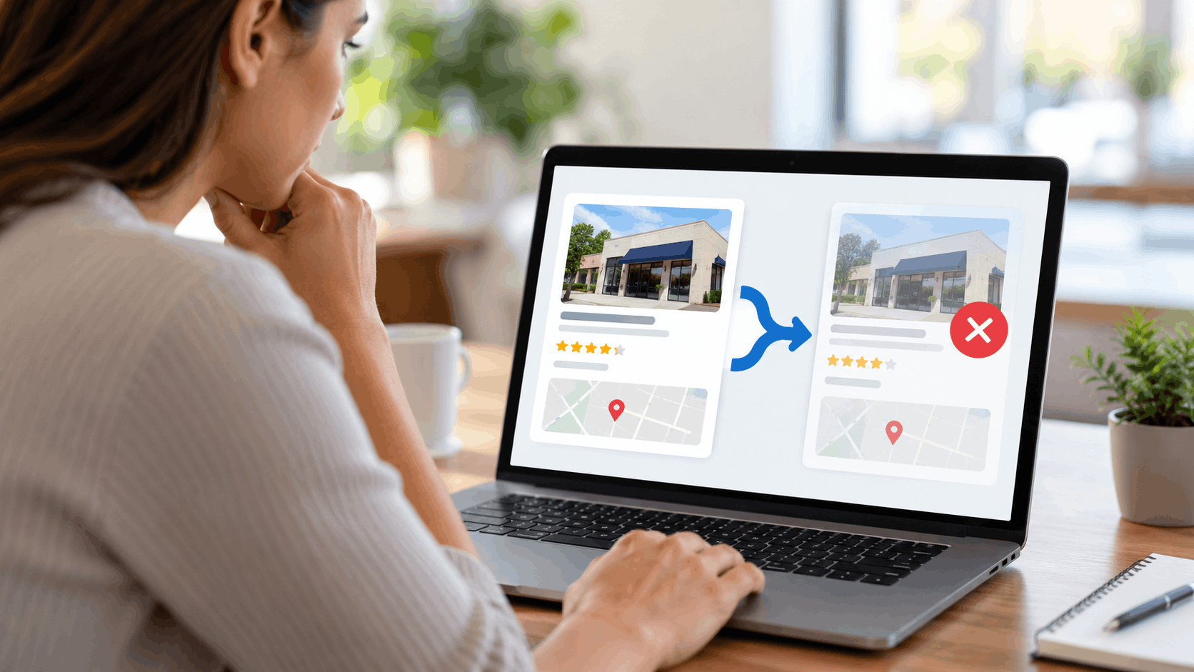 Woman on laptop viewing duplicate Google Business Profile listings with access denied symbol