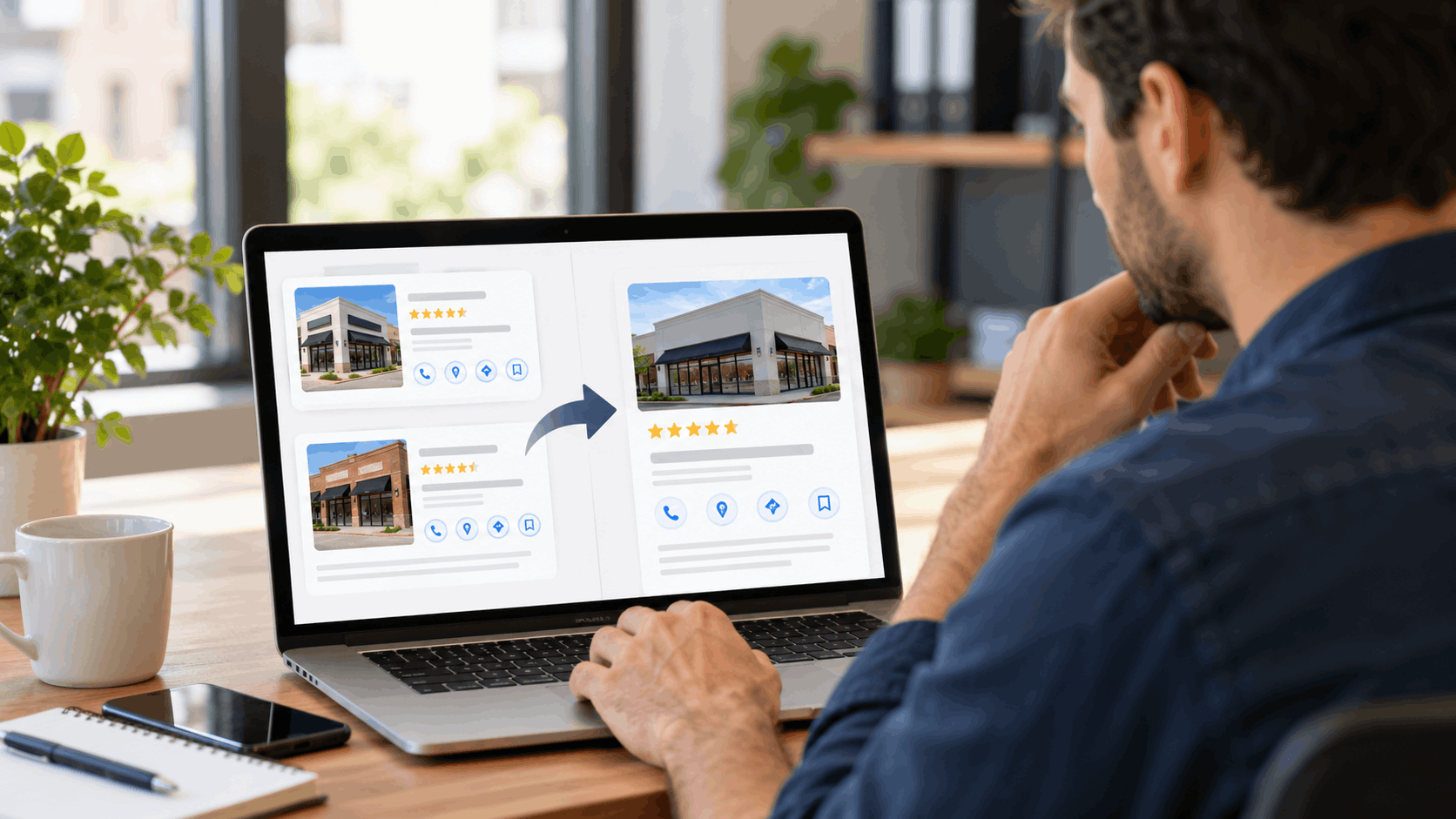 Man reviewing optimized Google Business Profile listings on laptop for local search ranking