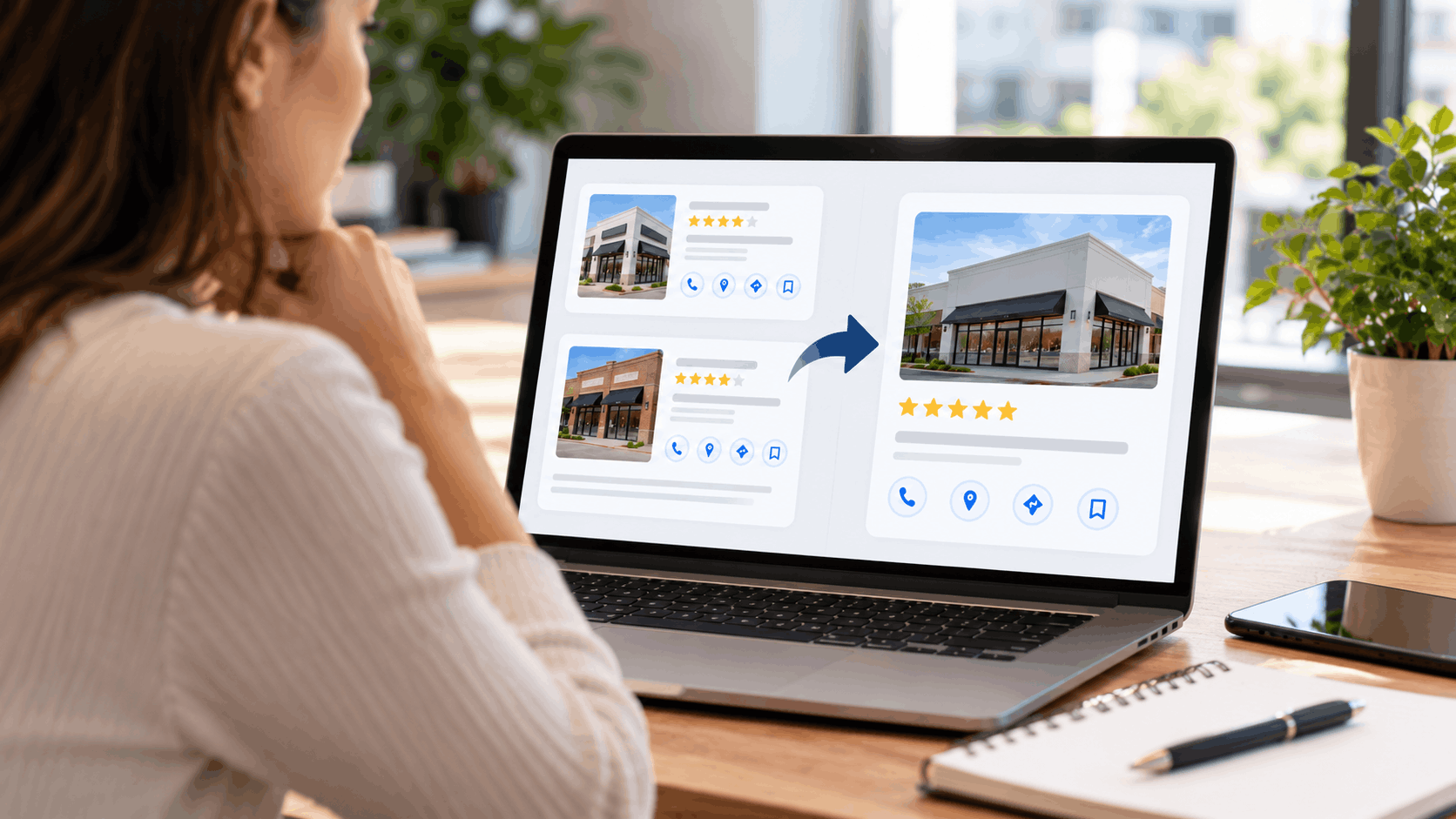 Woman reviewing business listings with star ratings on laptop screen
