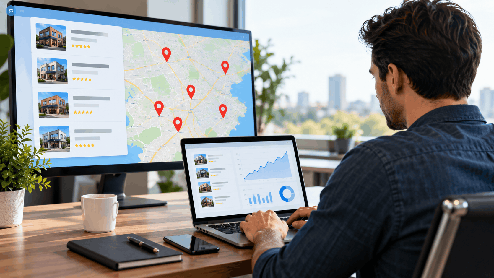 Man analyzing business service area maps and location listings across multiple screens
