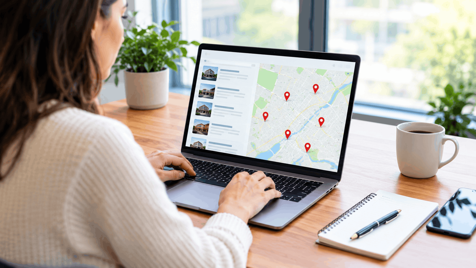 Woman browsing multiple business location pages on laptop with map pins