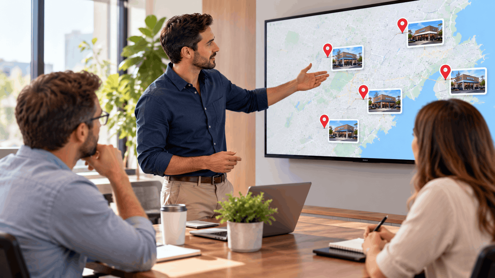 Business presenter pointing to multi-location map with store photos and red pins