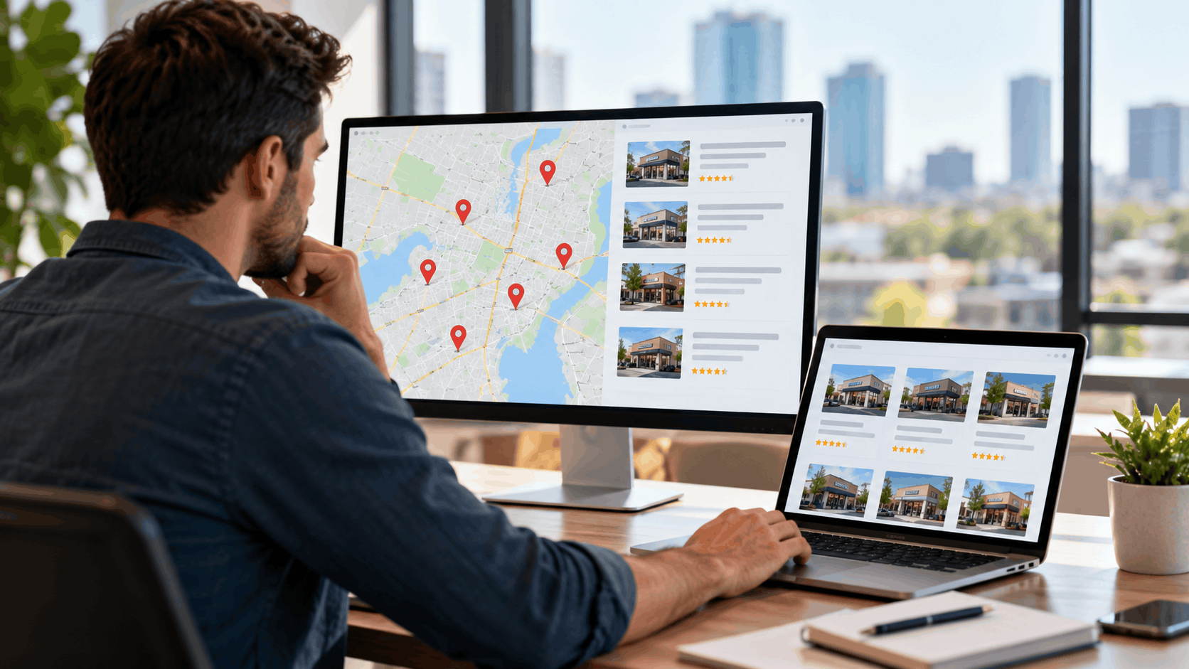 Man researching multiple business locations on map and review listings across two screens