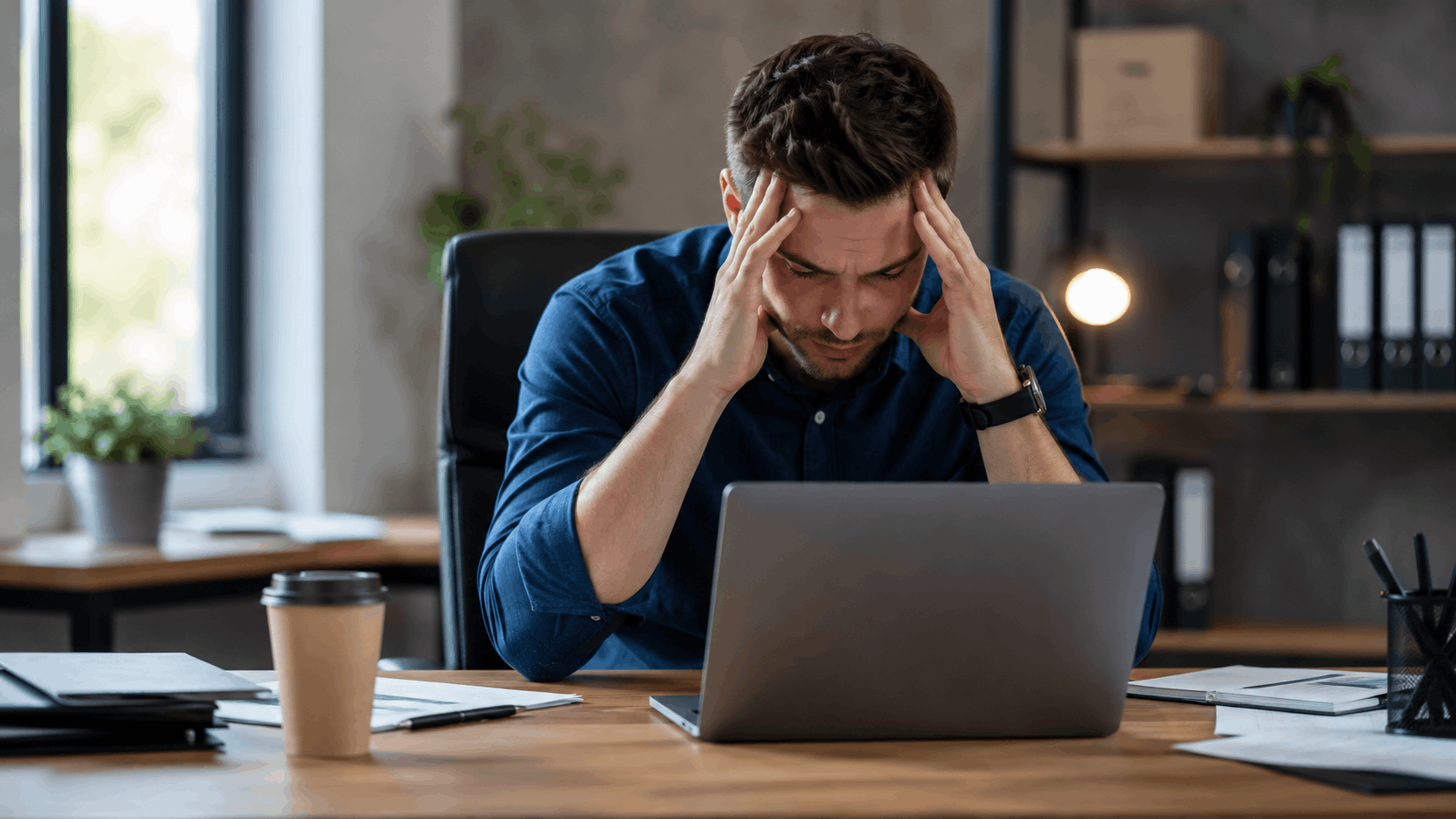 Stressed businessman holding head in hands while reviewing NAP data on laptop