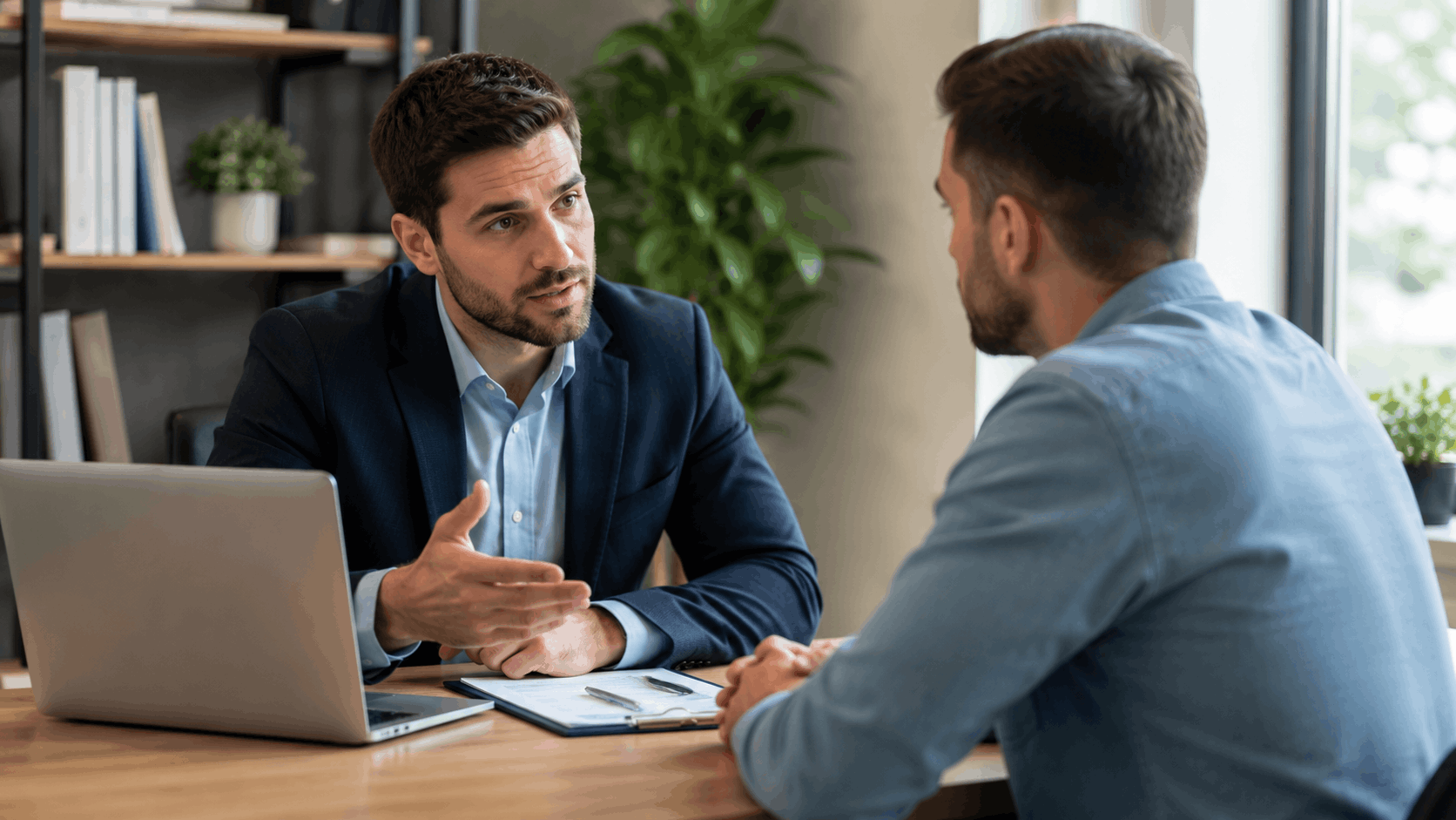 Two business professionals discussing structured data strategy during a formal office consultation meeting