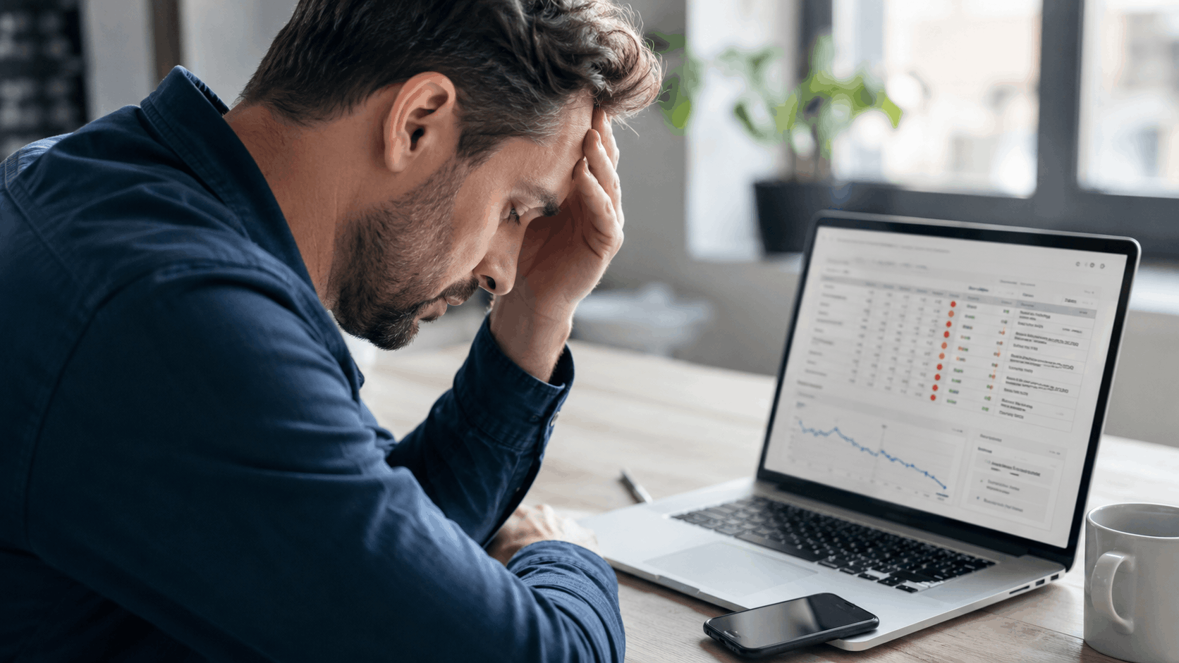Stressed businessman holding head in hands reviewing declining financial charts on laptop