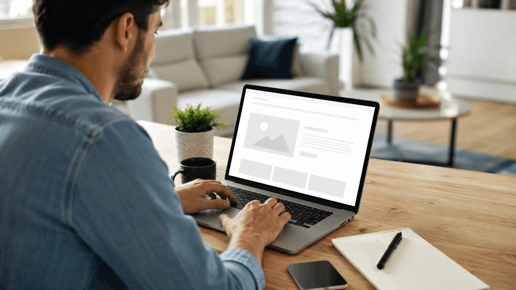 Man working on laptop displaying website wireframe layout from home office desk