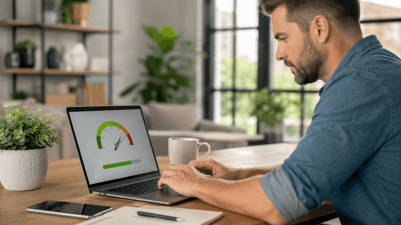 Man checking website speed score on laptop at home office desk