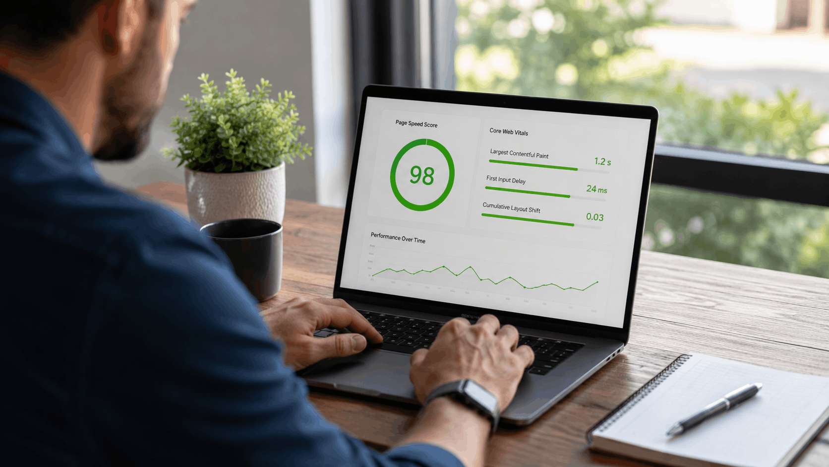 Man reviewing page speed score of 98 and Core Web Vitals on laptop