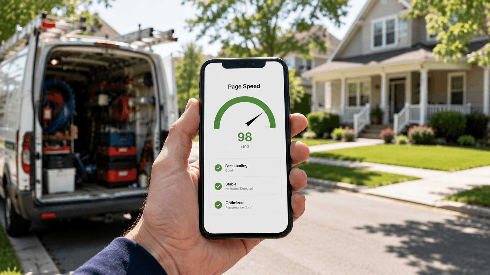 Contractor holding smartphone showing 98/100 page speed score outside service van