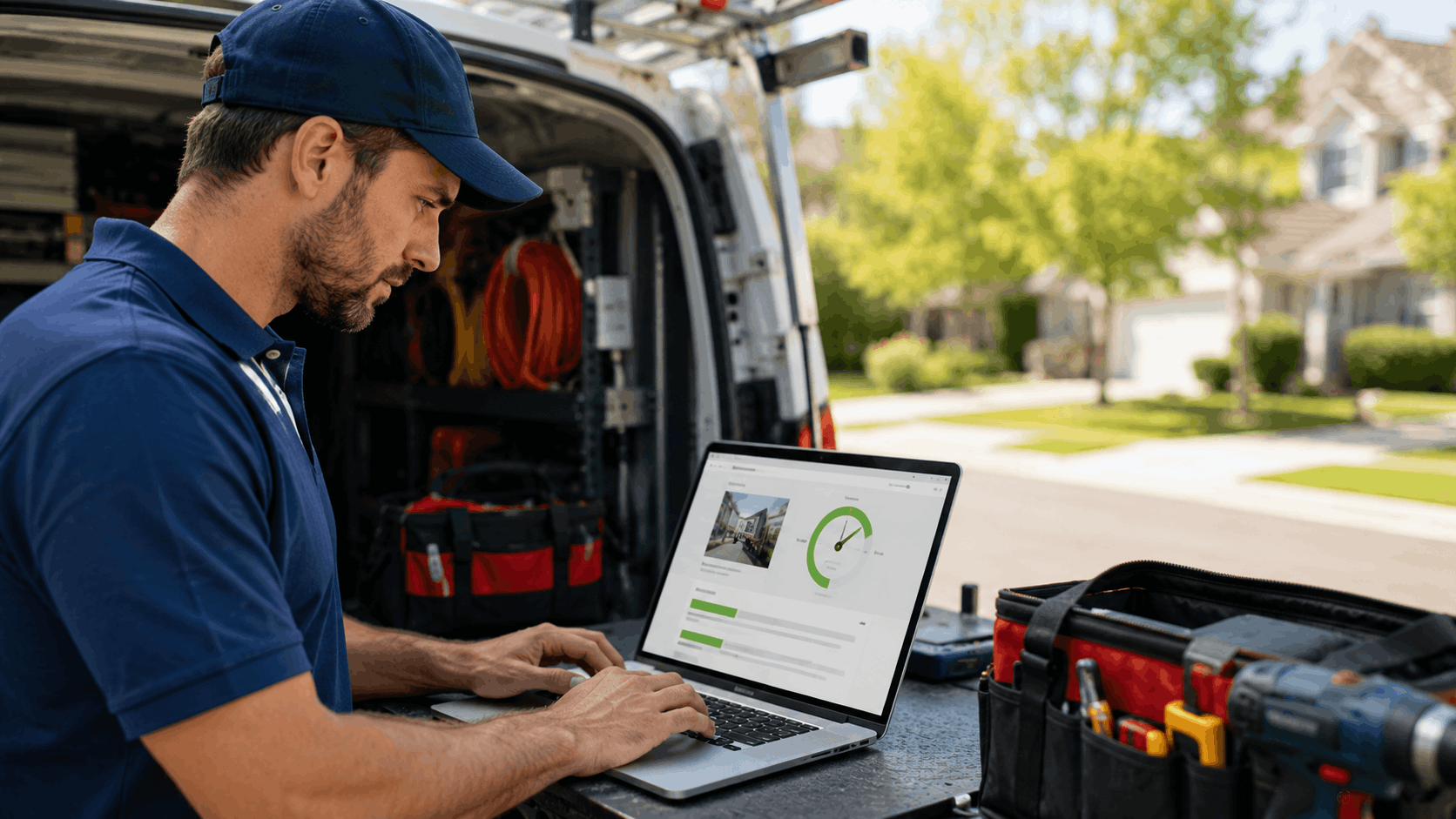 Field service technician using laptop at work van with tools nearby