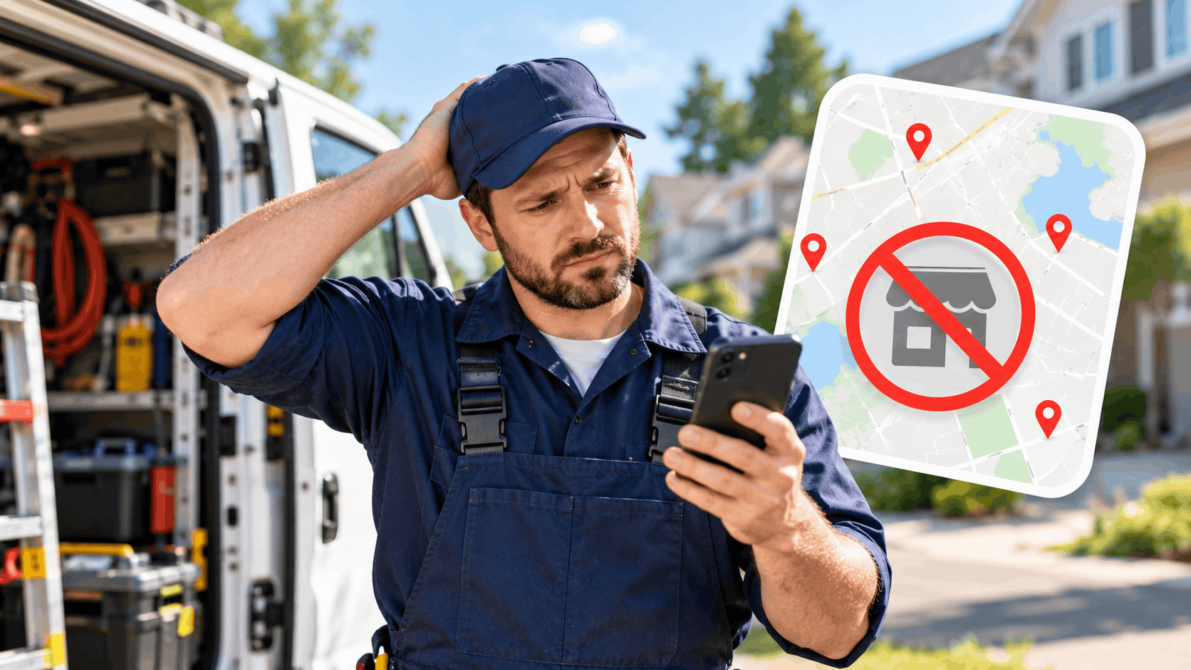 Confused tradesman checking phone with Google Maps showing no storefront location pins