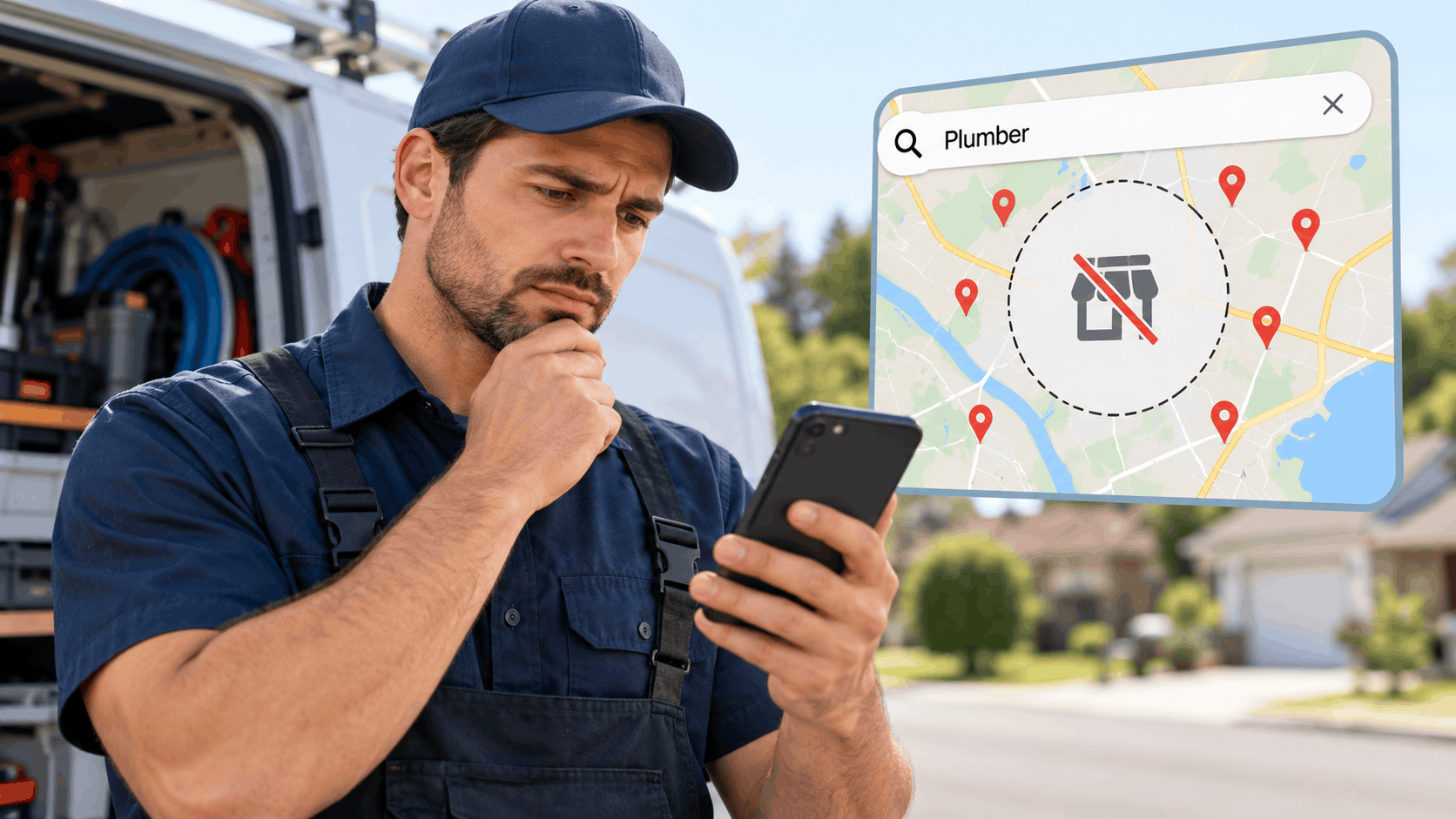 Plumber looking at phone showing Google Maps search missing Google Business Profile listing