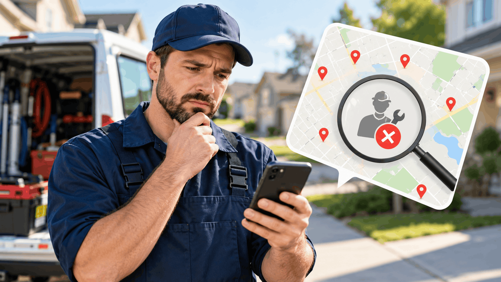 Confused contractor checking phone with Google Maps showing suspended business listing nearby