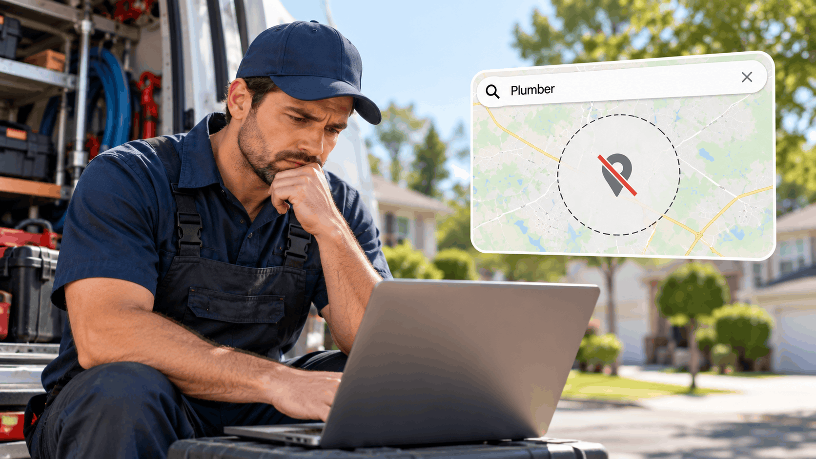 Concerned plumber on laptop beside van with no local search map results