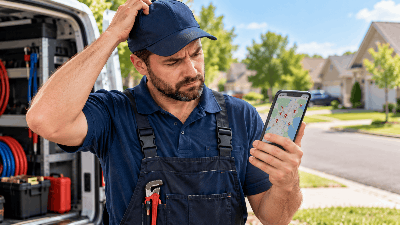 Confused plumber checking map app on smartphone standing beside service van