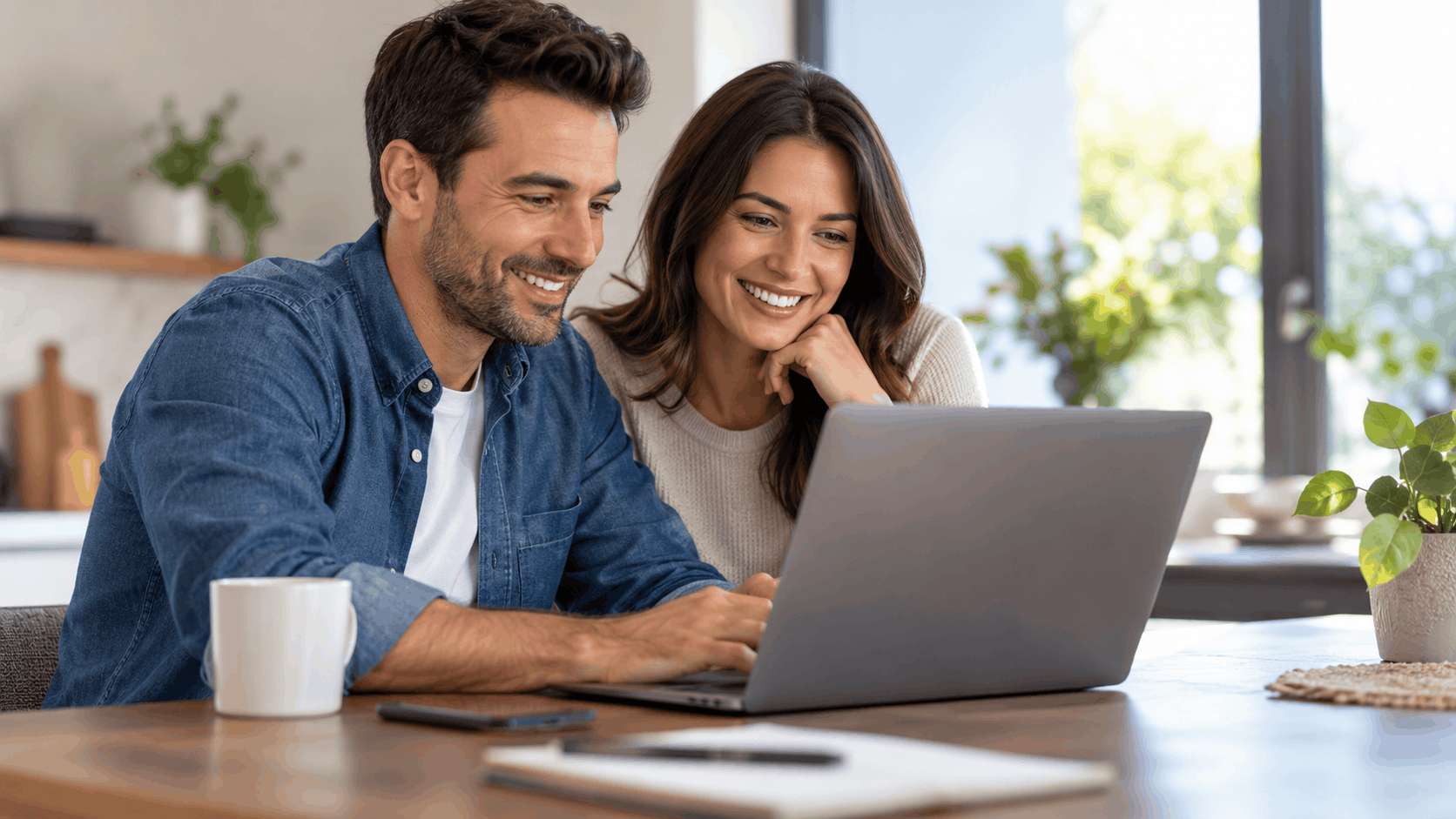 Smiling couple reviewing online form labels and buttons together on laptop at home