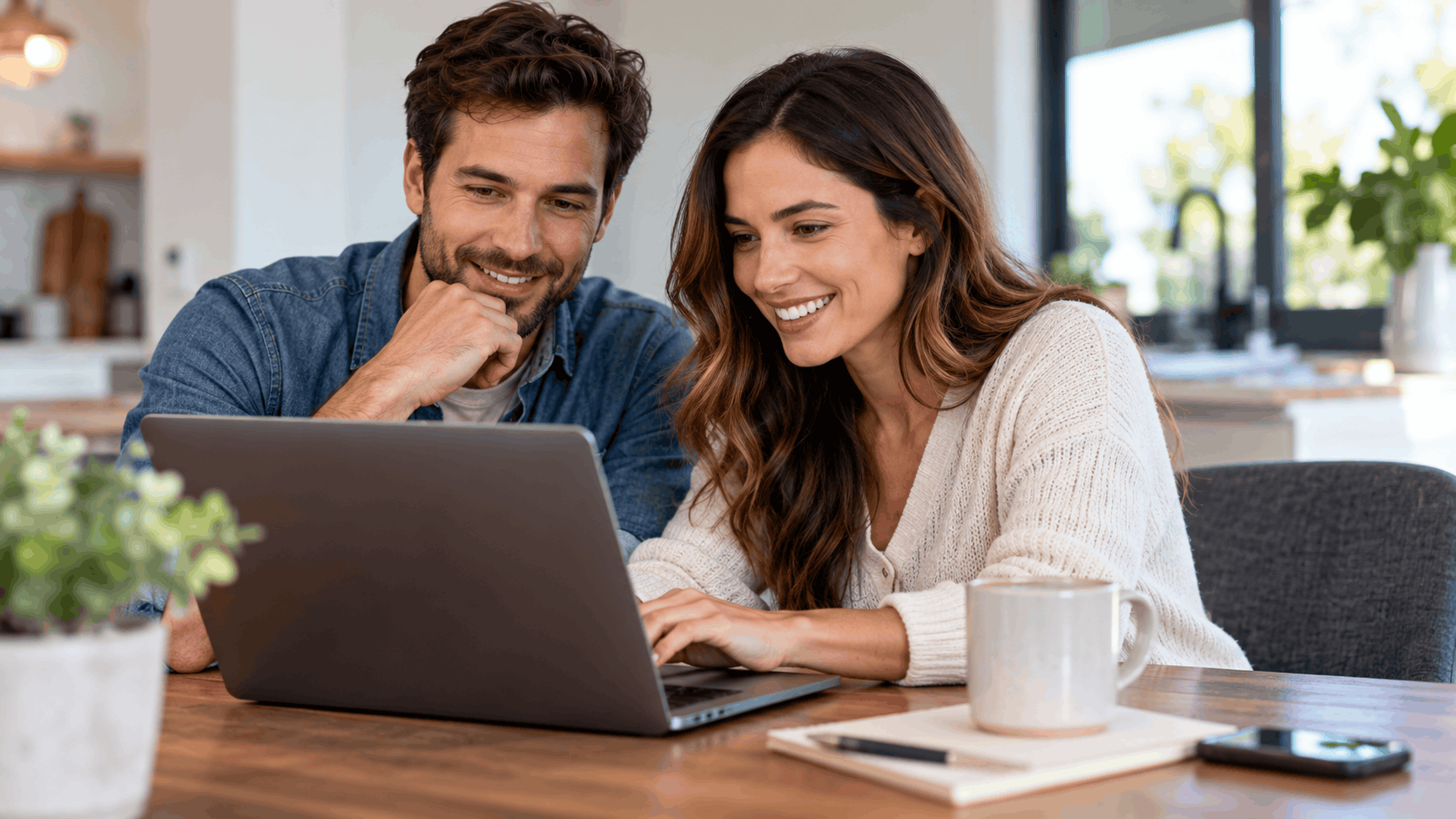 Smiling couple reviewing pricing and trust information together on laptop at home